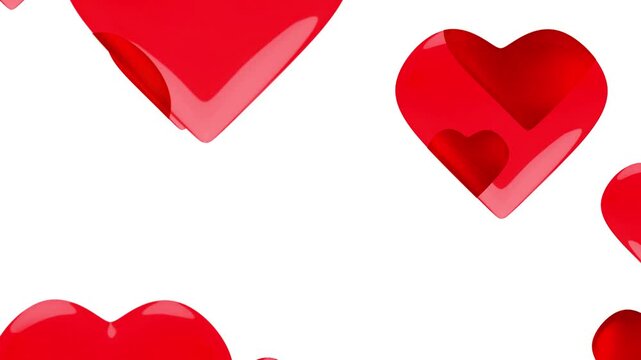 Abstract 3D floating red hearts background falling glossy heart shapes on white backdrop.