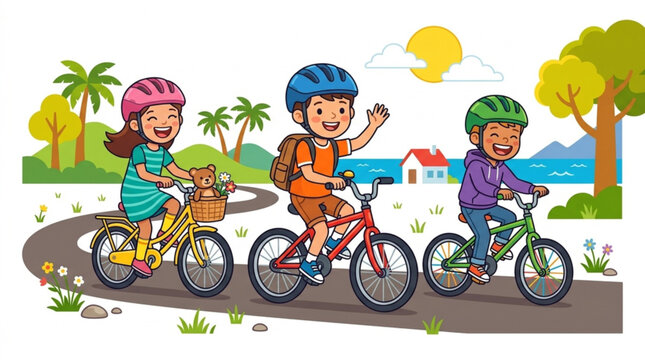 happy children riding bicycles along scenic river path in park with trees and bright sky during daytime