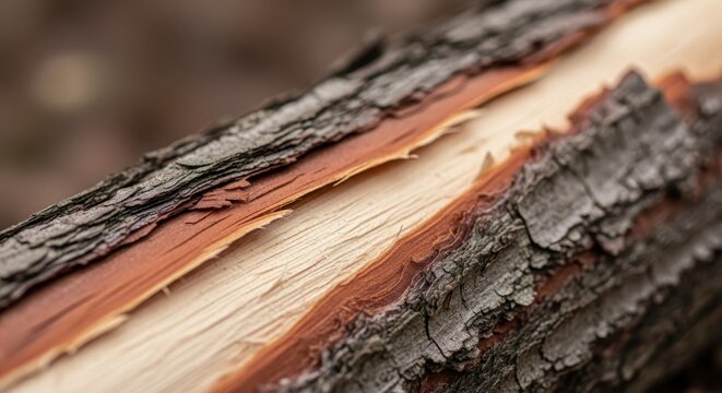 Macro view of split tree bark revealing layered wood texture and natural grain