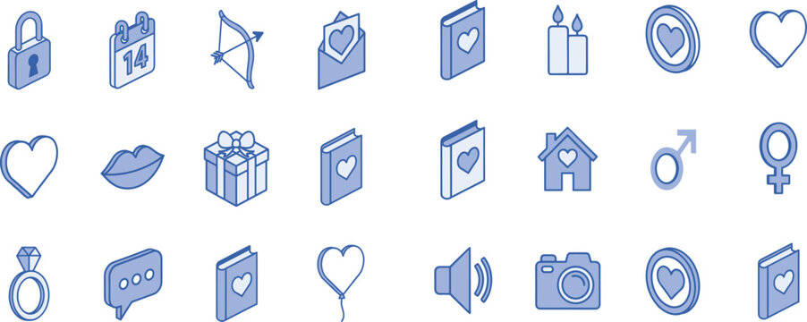 Valentine Love Isometric Icon Set with Heart Gift Lock Candle and Romantic Symbols Vector Illustration Isolated on White Background