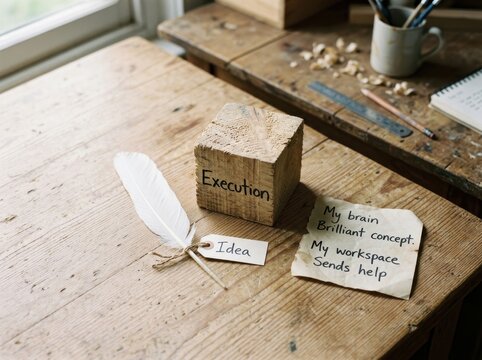 Creative Business Concept of Transitioning from Idea to Execution Featuring a Feather Pen with Idea Tag and Wooden Block on a Rustic Workspace Table