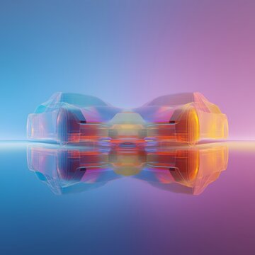 A stylized, translucent 3D wireframe car model reflected on a surface, illuminated by a vibrant blue and pink gradient background.