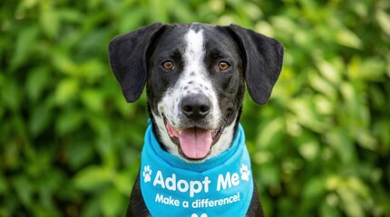 Naklejka na ściany i meble Portrait of a happy black and white rescue dog wearing a blue Adopt Me bandana in a green garden setting, encouraging animal adoption and shelter support for lonely pets looking for a forever home