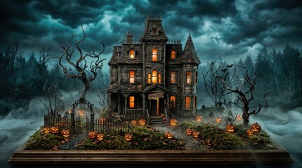 Fototapeta premium Spooky miniature haunted house diorama featuring glowing jack-o-lanterns carved pumpkins dead bare trees and misty graveyard under dark stormy clouds perfect for seasonal Halloween holiday decoration!