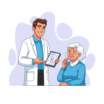 A friendly male doctor in a white coat showing health data on a digital tablet to an elderly woman patient during a medical consultation. Vector illustration.