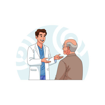 A male doctor in a white coat explaining medical treatment or diagnosis to an elderly man patient. View from behind the patient. Vector illustration