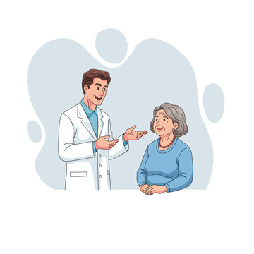 A cheerful male doctor talking and explaining medical information to a senior woman patient in a clinic hospital setting. Vector illustration