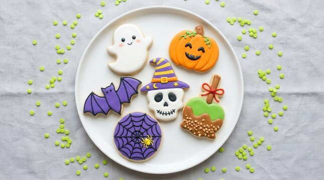 Top view of delicious homemade Halloween themed sugar cookies decorated with royal icing featuring ghost, pumpkin, bat, skull, and spider web on white plate.
