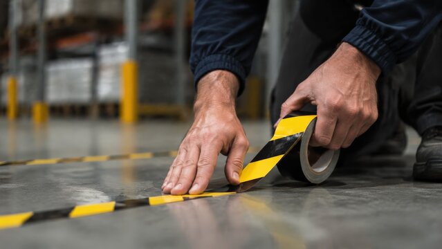 A pair of worker hands applies adhesive yellow and black striped safety tape to a gray concrete floor surface in a warehouse