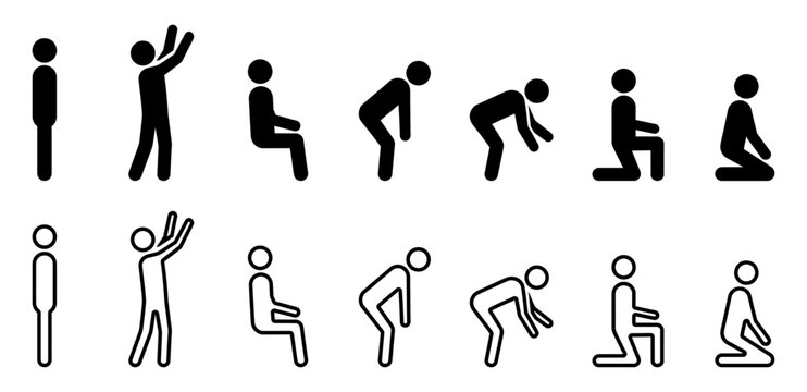 Stick figure man icons silhouettes showing  standing, sitting, bending, and kneeling | People symbols in various poses for infographic design | Vector icon set