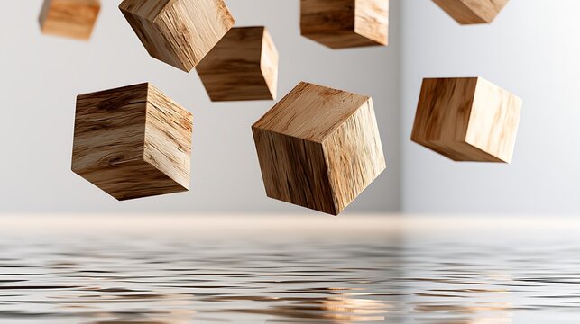 floating wooden cubes in water, 3d rendering of falling blocks