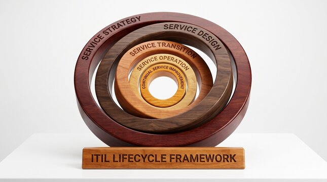 Wooden concentric rings model representing the ITIL lifecycle framework for IT service management, isolated on a white background