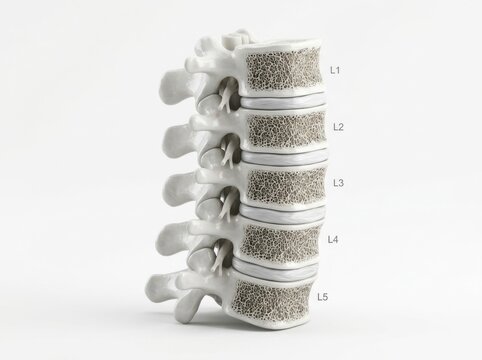 Lumbar spine anatomical model with L1 to L5 vertebrae isolated against a clean white studio background for medical illustration