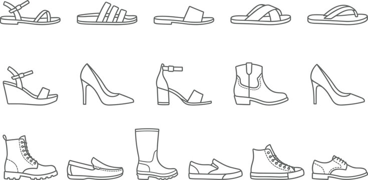 Footwear and fashion shoes line icon set featuring sandals high heels boots sneakers and loafer vectors