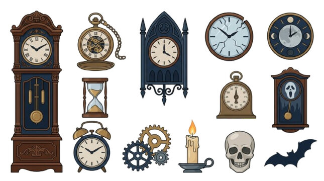 Grandfather clock, pocket watch, gothic wall clock, broken clock, moon clock, hourglass, antique timer, haunted pendulum, vintage alarm clock, clock gears, candle, skull, bat, isolated on , vector ico