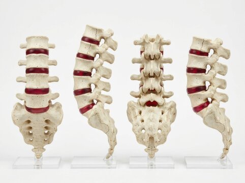 Lumbar spine anatomical models in anterior posterior and lateral views on white background
