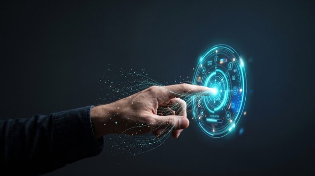 Finger touching glowing biometric interface on dark background  finger touch, biometric scan, digital interface, authentication, cybersecurity, access control, secure login, identity verification, dat