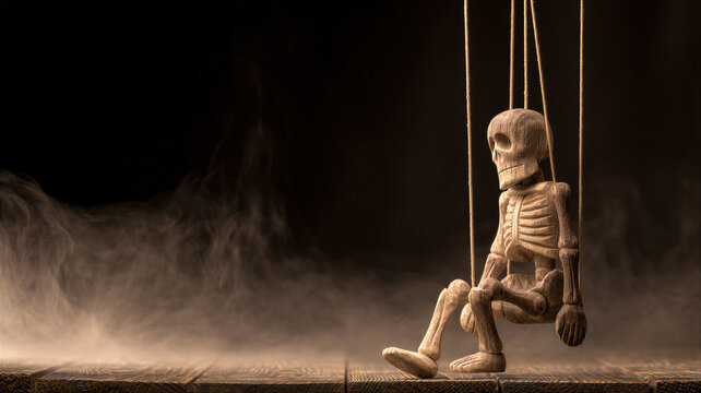 Wooden skeleton marionette hanging on strings in dark misty environment. Antique puppet concept for Halloween celebration. Scary doll character for horror story and mystic theater play.