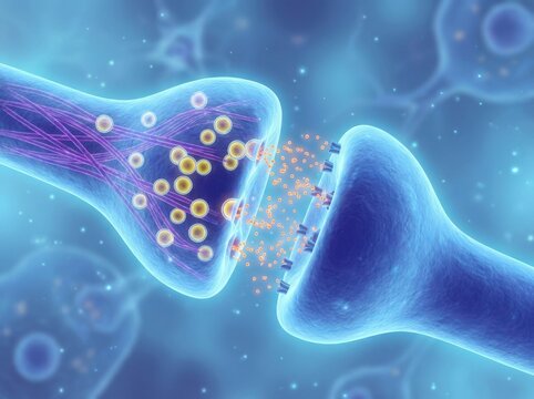 Synapse transmission with neurotransmitters releasing in blue blurred background during neural activity concept