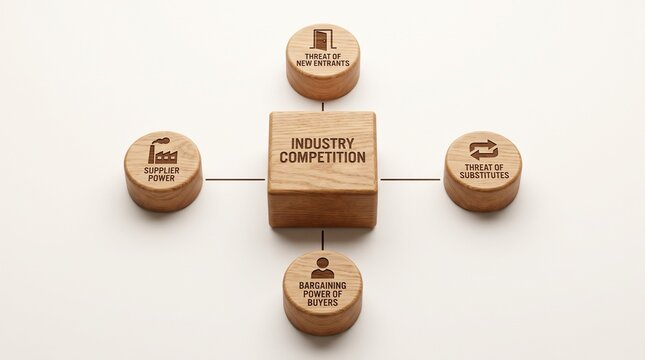 Porter's Five Forces framework concept represented by wooden blocks arranged in a diagram on a white background