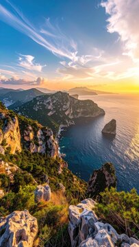 Scenic view of rocky cliffs and the ocean during sunset.