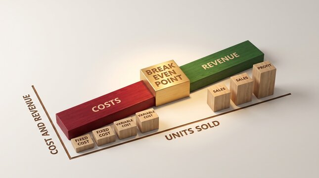 Break even analysis concept with wooden blocks representing costs, revenue, and profit on a financial chart, 3D render