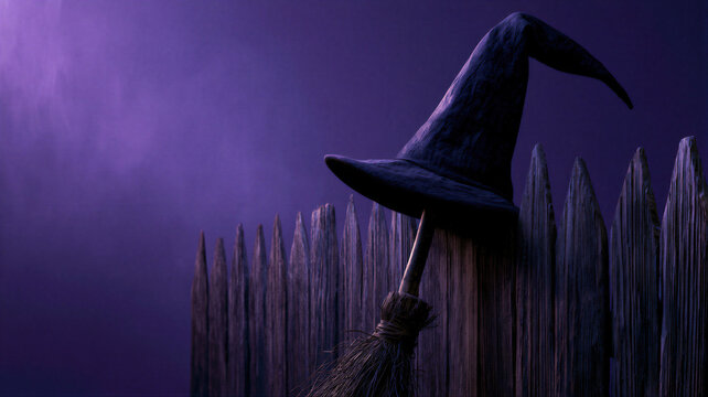 Witch hat and broomstick standing on a wooden fence. Spooky halloween decoration against a purple background. Traditional holiday symbol for magic, mystery and mystical celebration festive theme.