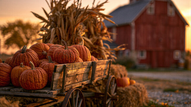 Ripe orange pumpkins in wooden farm wagon at sunset. Autumn harvest scene with rustic barn. Traditional agriculture during Halloween. Seasonal fall background for holiday celebration.