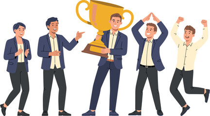 Fototapeta premium PrintSuccessful Corporate Business Team Celebrating Victory and Holding Large Gold Trophy Cup Vector Illustration for Company Achievement, Leadership, and Partnership Success