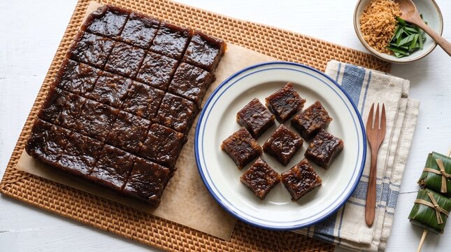 Traditional Indonesian sweet brown dodol Betawi cake slab and cut cubes served on a ceramic plate, accompanied by crispy fried shallots, pandan leaves, and a wooden fork.
