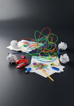 A cluttered workspace filled with tangled wires, scattered paper sheets, and various small objects strewn across a dark horizontal surface, messy, texture, background