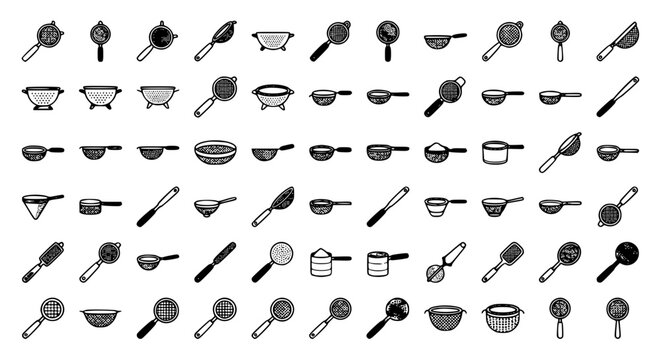 Mega collection of kitchen strainers and colanders icons bundle featuring mesh sieves pots skimmers and cooking utensils line symbols vector