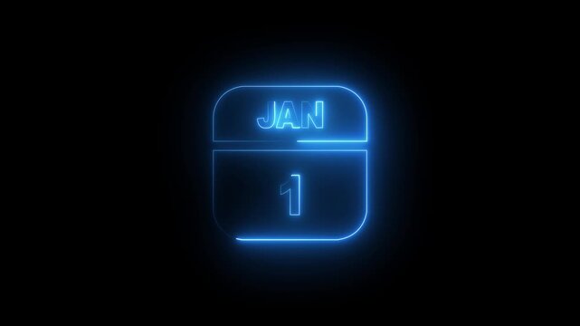 Neon glowing january 1st calendar animation for new year celebration and countdown date