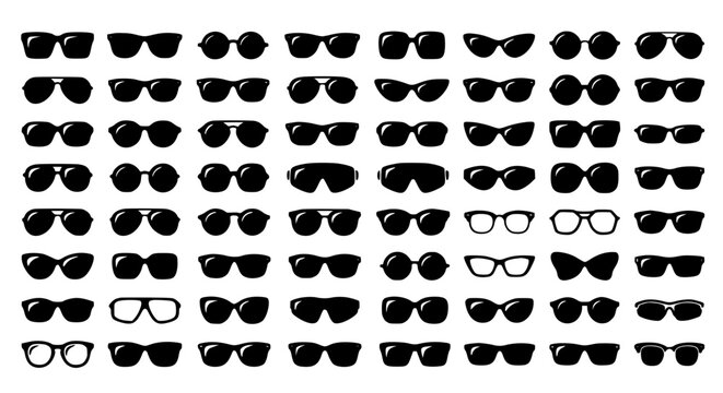 Mega collection of sunglasses and eyeglasses silhouettes featuring classic aviator cat eye round square retro fashion spectacles frames set vector