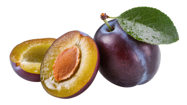 Isolated vibrant whole and halved fresh purple plums with green leaf and exposed pit.