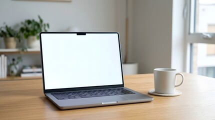 Fototapeta premium Laptop open on wooden desk in bright room