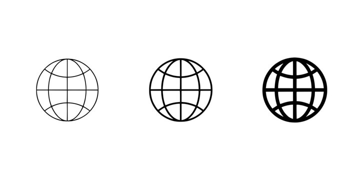 Three Globe Icons with Varying Line Weights Arranged Horizontally Featuring Horizontal Arrangement, World, Map with Design and Vector Elements