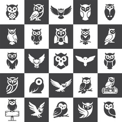 Fototapeta premium Owl Silhouettes Collection White On Dark Gray Background