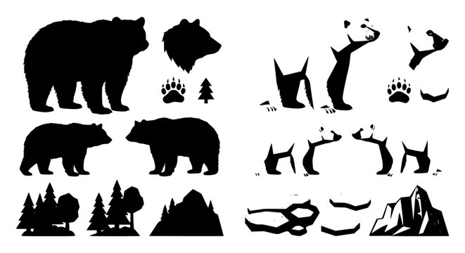 Grizzly and polar bear silhouettes and negative space bundle featuring wildlife paws mountain peaks and pine forest design elements vector
