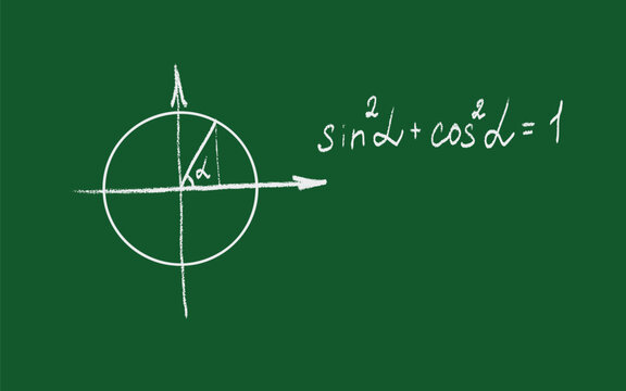 Unit Circle with Trigonometric Identity Written with Chalk on Green Blackboard Vector Illustration