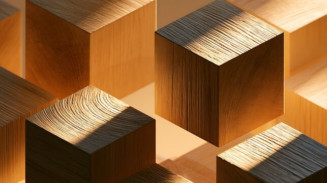 wooden cubes with shadows on wooden background, 3d geometric shapes