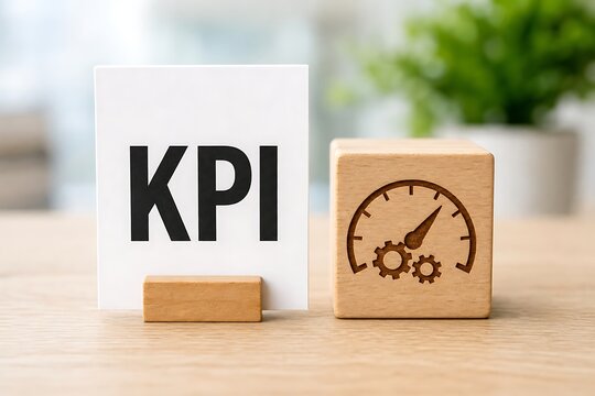 Kpi sign and wooden block with speedometer icon for business performance metrics