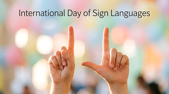 Two hands signing I love you in sign language against a colorful bokeh background