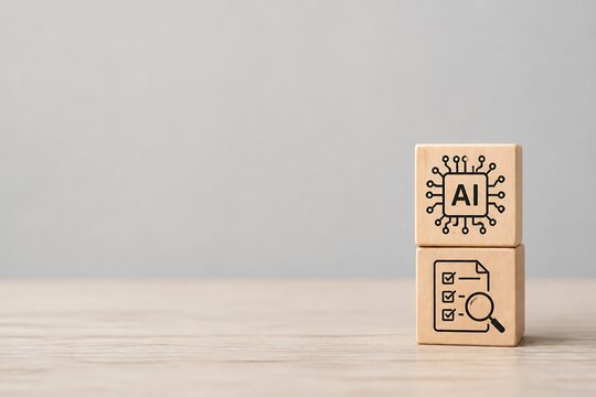 Wooden blocks with artificial intelligence and document audit search icons on table
