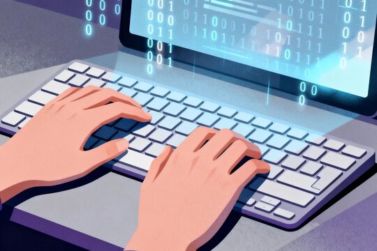 Hands typing on keyboard with binary code display