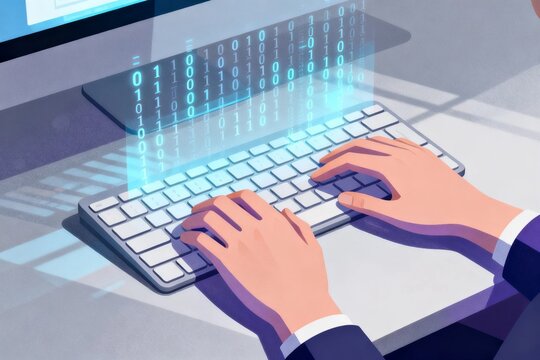 Hands typing on keyboard with binary code overlay