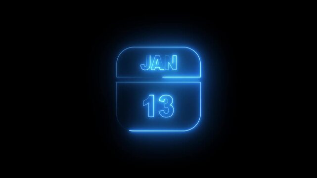 Neon glowing calendar date january 13th animation on black background
