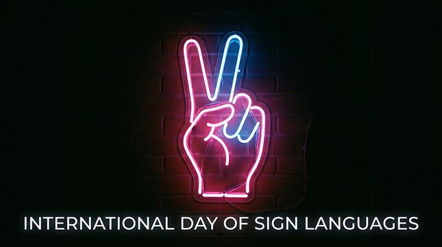 Vibrant neon hand sign for International Day of Sign Languages celebration