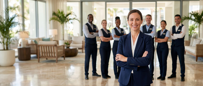 Diverse hospitality professionals stand together inside a luxury beach resort, led by a confident smiling female resort manager, representing exceptional guest service and teamwork.
