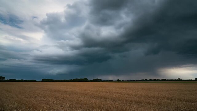 Timelapse of dramatic storm clouds building and rolling across a wide agricultural field